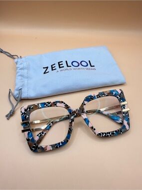 Zeelool Women's Blue Pink Square Fashion Glasses Frame, unknown prescription